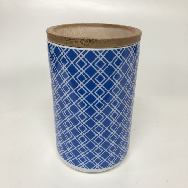 CANNISTER, Geo Pattern w Wooden Lid - Blue